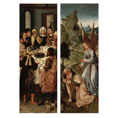 deux panneaux d'un tableau représentant une famille réunie autour d'une table