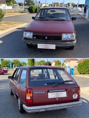 two pictures of a red car parked on the side of the road