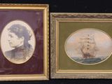two framed pictures of a man and a woman with a sailboat