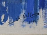 an image of a painting with blue paint on a wooden surface