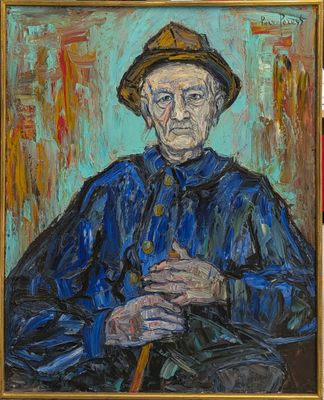 une peinture à l'huile représentant un vieil homme avec un chapeau et une canne