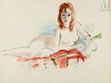 dessin représentant une femme allongée sur un lit, une bouteille de vin à la main