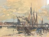 a painting of a harbor scene with boats in the water