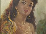 une peinture à l'huile représentant une femme en robe blanche et portant des boucles d'oreilles en or
