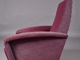 an image of a pink chair with a wooden frame on a white background