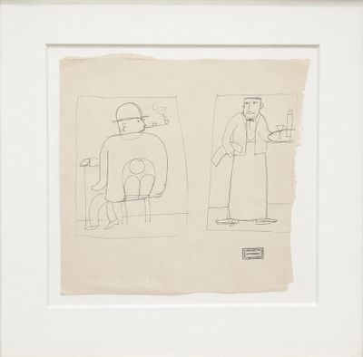 two drawings of a man and a woman sitting on a bench