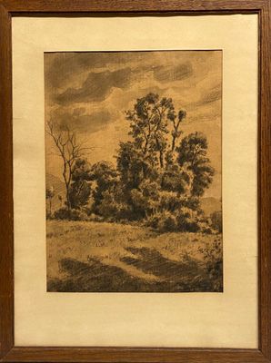 painting of a landscape with trees in a wooden frame on a wall