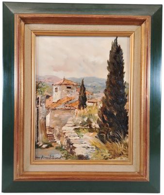 un tableau représentant un paysage avec une maison et des arbres