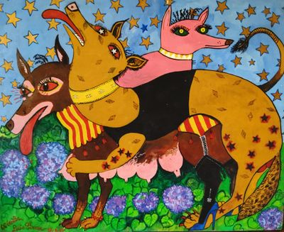 tableau aux couleurs vives représentant un chien et un autre chien dans un champ de fleurs