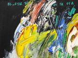abstract painting of a man with a helmet on a black background