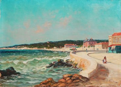 un tableau représentant des personnes marchant sur la plage au bord de l'eau