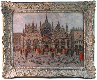 painting of a painting of a city with people walking around it