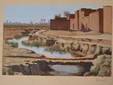 a painting of a small stream running through a desert