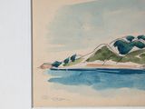 a picture of a painting of a mountain and a body of water