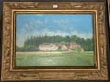 une image représentant une peinture d'une ferme avec une maison en arrière-plan