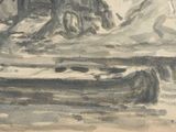 a painting of a boat in the water with a mountain in the background
