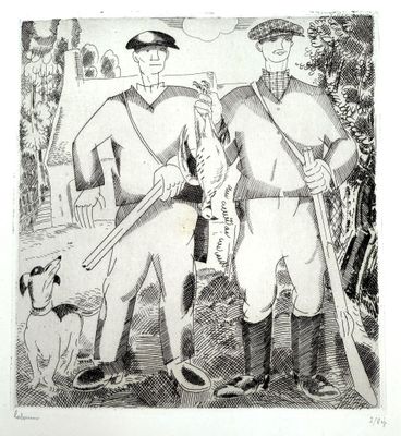 two men standing next to each other with a dog