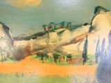 une peinture à l'huile d'un paysage avec une montagne en arrière-plan