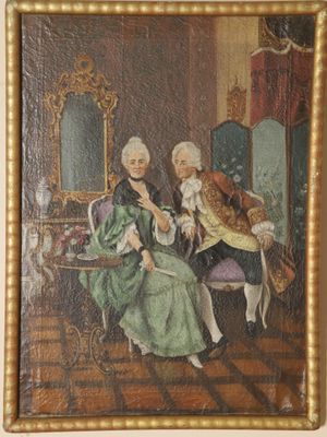 an old painting of a man and woman sitting in a room