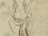 un vieux dessin représentant une femme assise sur un canapé, les jambes croisées
