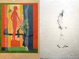 two drawings of a woman and a man standing in front of a window