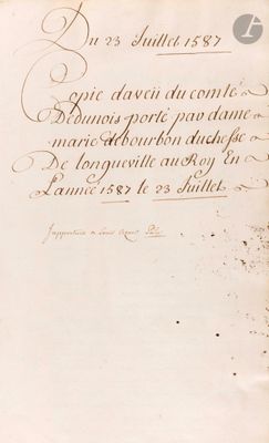 Comté de DUNOIS. Manuscrit, Copie d’aveu du comte de Dunois …