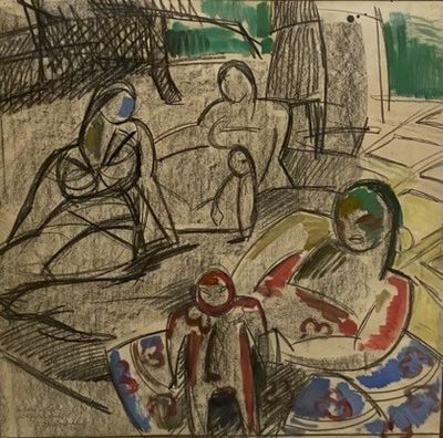 dessin d'un groupe de personnes assises autour d'une table dans une pièce