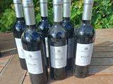 six bouteilles de vin posées sur une table en bois devant un buisson