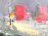 a painting of a man riding a bike on the street