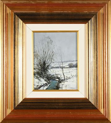 an oil painting of a snowy landscape with a stream in the foreground