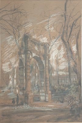 an image of a drawing of a stone arch in a park