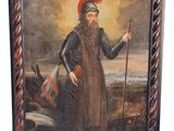 un vieux tableau représentant un homme coiffé d'un chapeau rouge et tenant un bâton