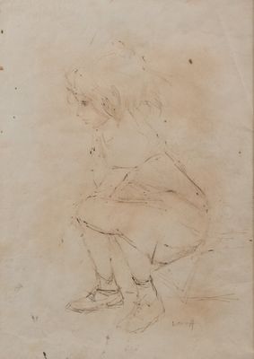 an old drawing of a man kneeling down with his hands on his knees