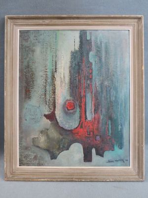 tableau encadré représentant une peinture abstraite rouge et bleue sur fond bleu
