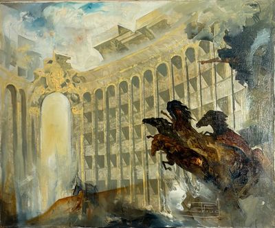 a painting of a man riding a horse in front of a building