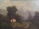 peinture représentant un paysage avec un château au loin et deux personnes marchant sur un sentier