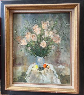 a painting of flowers in a vase on a table