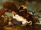 painting of a group of dogs playing with each other in a field