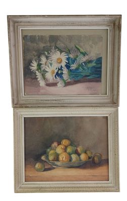 two paintings of flowers and fruit on a table with a blue vase