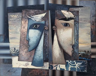 deux tableaux représentant un homme et une femme, sur lesquels figurent des oiseaux