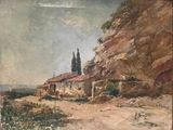 an old painting of a house on a hill with trees