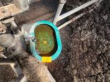 a blue bowl with a yellow lid sitting on the ground