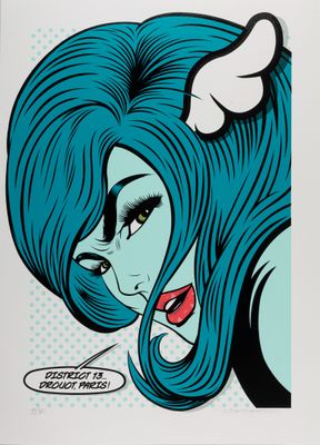 a close up of a poster of a woman with blue hair