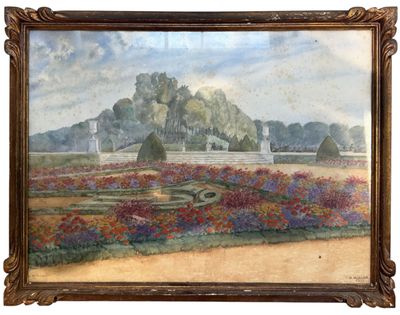 an image of a painting of a garden with a fountain in the middle