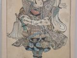 an old picture of a man in a costume holding a fan