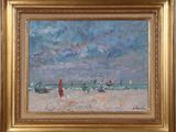 une peinture à l'huile représentant une scène de plage avec des personnes marchant sur le sable