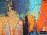 an abstract painting of a cityscape with orange, blue, and green colors