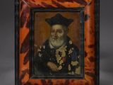 a painting of an old man in a black hat and black coat