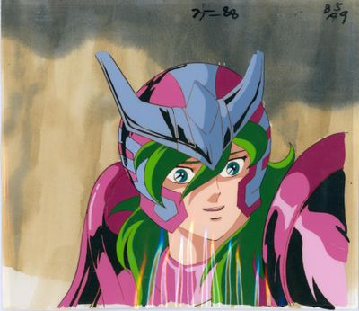 an image of a drawing of a woman with green hair and a helmet on