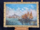 a picture of a painting on a easel with a boat in the water